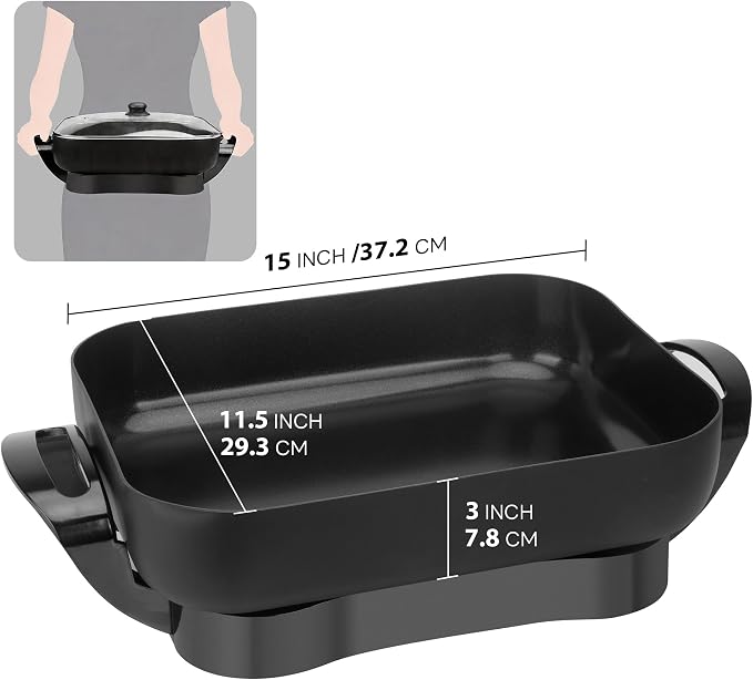 FineMade Family Size Electric Skillet with Lid, XL Electric Skillet, Deep Skillet, Temperature Control, Square 15 x 11.5 Inch Ceramic Nonstick Interior, Graphite