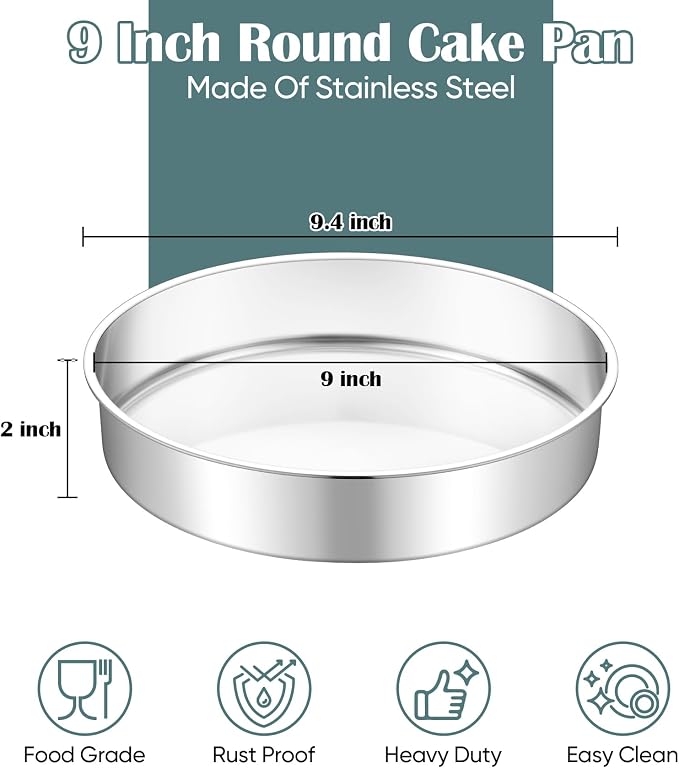 TeamFar 9 Inch Cake Pan, Stainless Steel Round Layer Cake Baking Pan | Baking Tin for Birthday Wedding, Non-Toxic & Heavy-Duty, Mirror Finish & Leak Proof, Oven & Dishwasher Safe