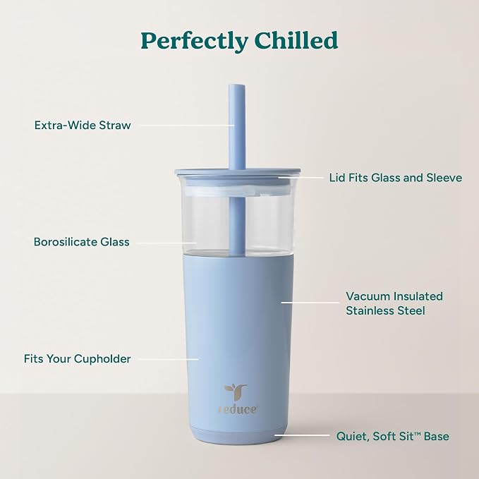 REDUCE Aspen - 20oz Vacuum Insulated Glass Tumbler - Extra Wide Straw & Lid | Keeps drinks cold for 12 hours, ideal for iced coffee, smoothies & boba, dishwasher safe, soft base