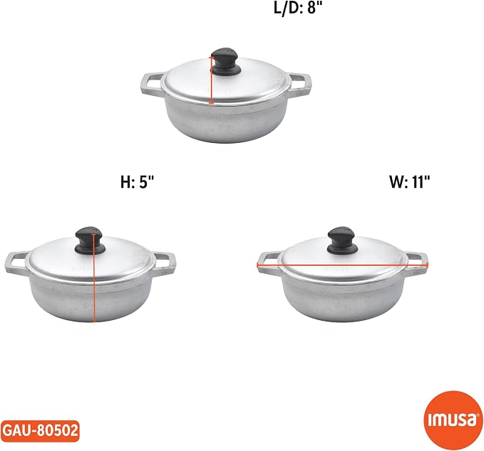 IMUSA 2 Qt Cast Aluminum Caldero Dutch Oven | Natural Finish, Riveted Handles with Aluminum Lid, Ideal for Rice, Soups, And Stews, Perfect for Serving Small Groups