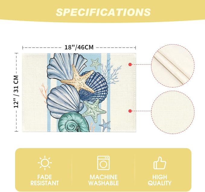 Artoid Mode Sea Shell Starfish Summer Placemats Set of 6, 12x18 Inch Seasonal Holiday Table Mats for Party Kitchen Dining Decoration