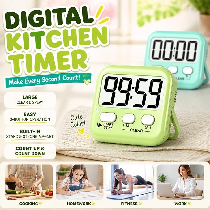 2 Pack Digital Timer for Kids Classroom Kitchen Timers for Cooking | w/ Battery, Easy to View, Alarm, Mute Mode, Count Down/Up, Magnetic, Kickstand, Hanging, Classroom Timer for Teacher Supplies