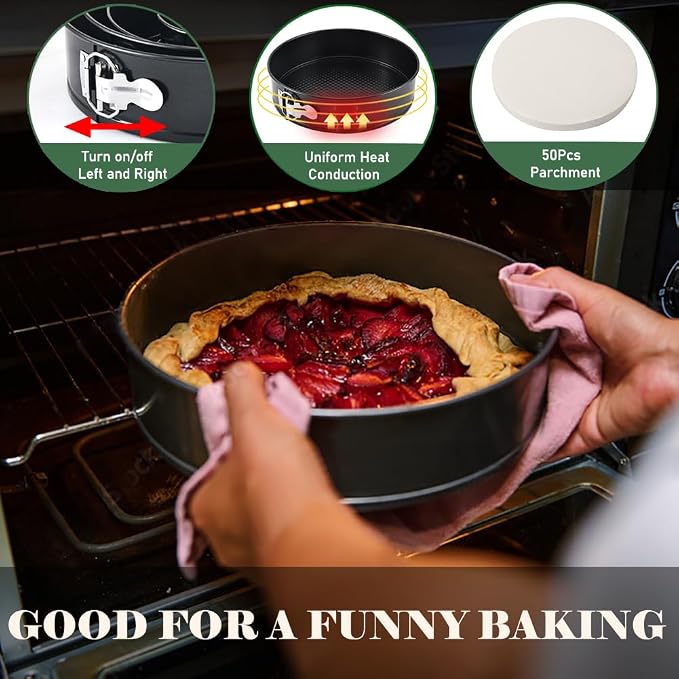 9 Inch Springform Pan 50Pcs Parchment Paper Cheesecake Nonstick Baking Mold | Round Tin Leakproof Removable Bottom Bakeware for Cake Pie Pizza and Quiches Carbon Steel and Non-stick Coating