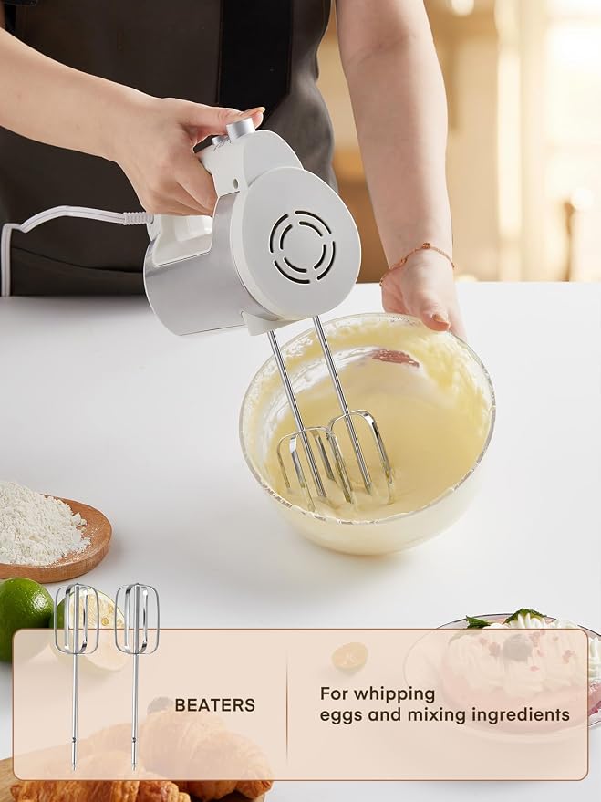 Hand Mixer Electric Handheld, 6 Speed & Turbo Electric Mixer, 300W Handheld Mixer with 2 Stainless Steel Whisk and 2 Dough Hook for Whipping, Mixing Cookies, Brownie, Cakes, Dough Batters, White