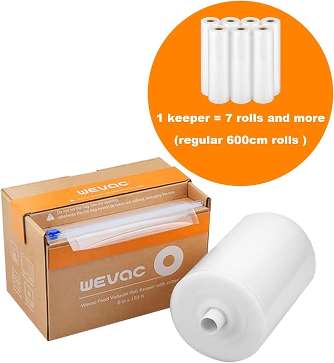 Wevac Vacuum Sealer Bags for Food, 11"x150' Roll, Fits Food Saver Machines | Roll Keeper with Cutter, BPA free, Commercial Grade, Heavy Duty, Freezer Safe, Sous Vide, Storage, Meal Prep, Meat, Fish,Soup
