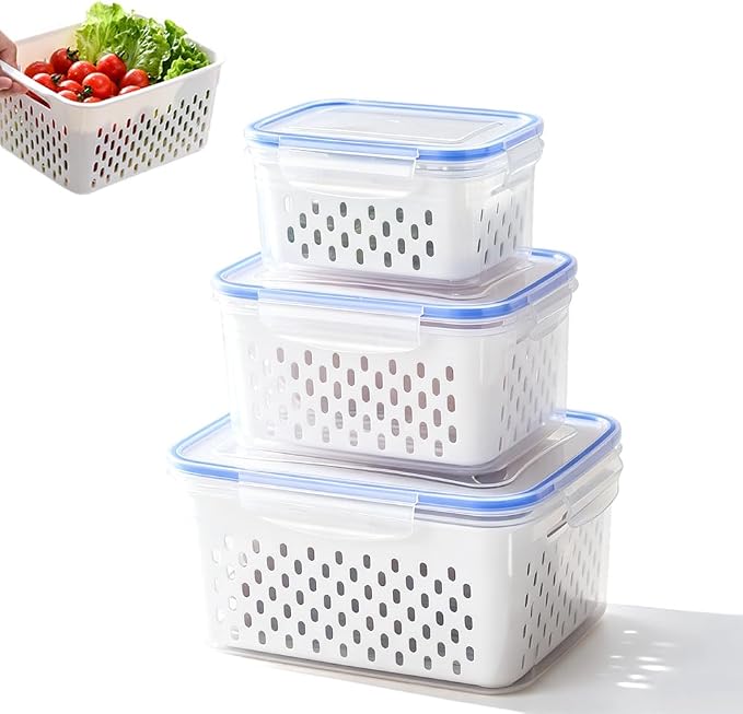 Fruit Storage Containers for Fridge, Leakproof Produce Containers with Colanders & Lids, Refrigerator Organizers and Storage for Berry Vegetable Salad Lettuce Meat Food, Blue, S+M+L