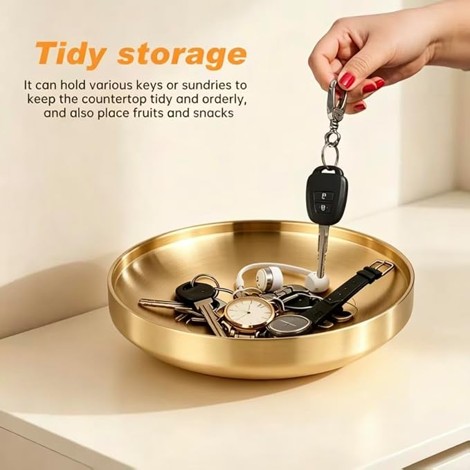 Gold Decorative Serving Tray, 304 Stainless Steel Double-Layer Hollow Bowl, Anti-Scald & Heat-Resistant, Multipurpose Fruit Bowl Jewelry Dish Candle Plate for Dining Table Bathroom Home（9.1inch）