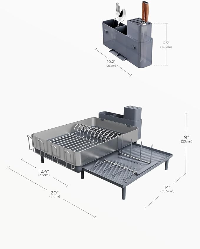 Large Dish Drying Rack, Expandable Dish Racks for Kitchen Counter, Space Saving 304 Stainless Steel Drying Rack Kitchen, Extra Large Drainer with Multifunctional Flip Up Pegs, Gray