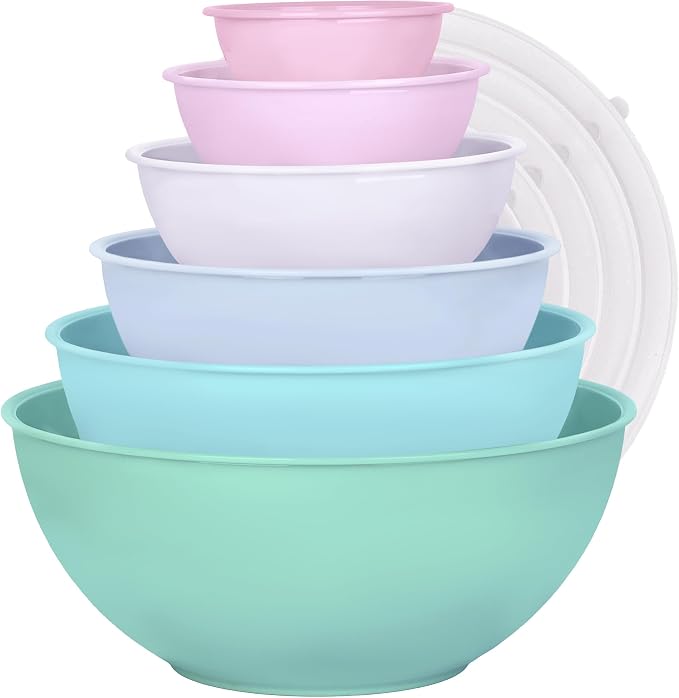 BoxedHome BPA Free Plastic Round Mixing Bowl with Lids, 12 Pack Nesting Bowls with Lids Set, Microwave and Dishwasher Safe Prep & Serving Bowls Great for Mixing, Baking, Serving (pinkish green, 12pcs)