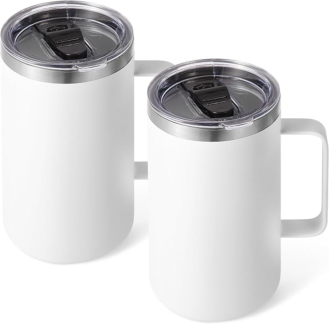 Volhoply 22oz Insulated Stainless Steel Coffee Mugs with Leakproof Lid Bulk 2 Pack,Double Wall Vacuum Travel Coffee Cup with Handle,Reusable Metal Tumbler,Camping Mug Keep Hot&Cold(White,2)