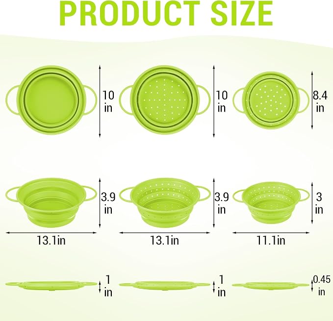 3 Pack Collapsible Colander with Strainer Bowl Set,Green | 11 & 13 In Silicone Colanders for Kitchen, Heat-Resistant Strainer Dishwasher Safe Baskets for Vegetable Fruits