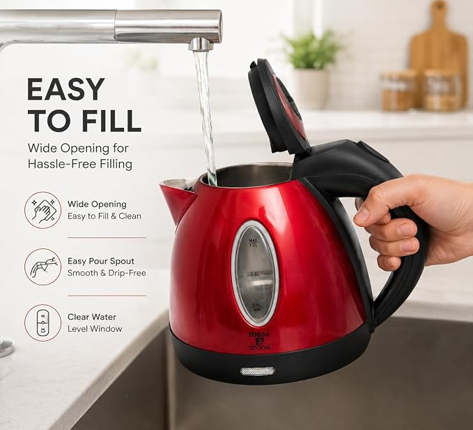 Moss & Stone Red Stainless Steel Electric Kettle, 1.2L Cordless 1500W | Small, portable hot water tea kettle, fast boiling pot, boil-dry protection, auto shut-off, blue Illuminate LED light