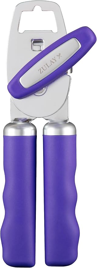 Zulay Kitchen Heavy Duty Stainless Steel Can Opener Manual with Bottle Opener - Rust Proof Manual Can Opener With Turn Knob & Comfy Soft Grip Handles - Purple