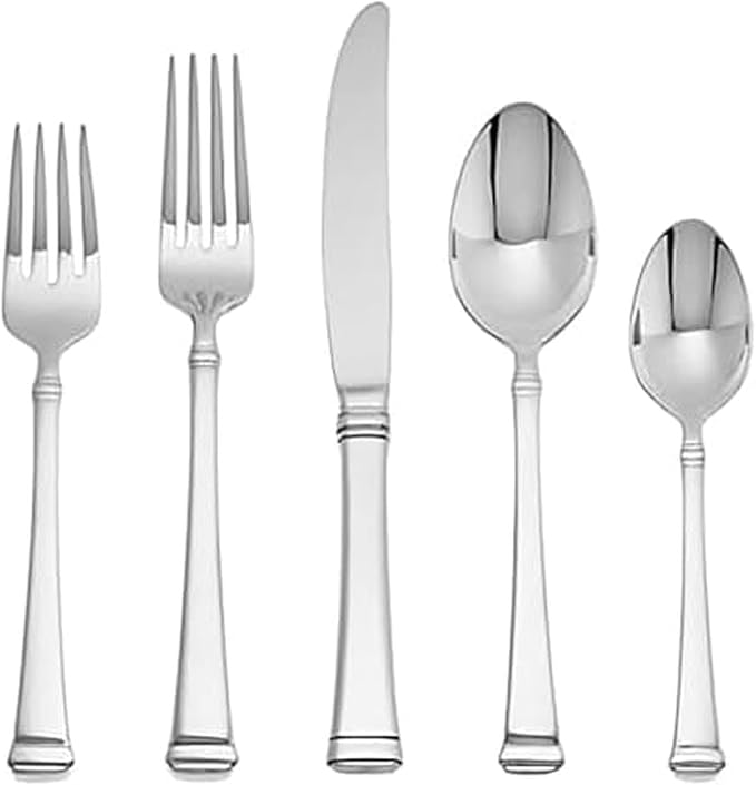 Mikasa Harmony 45-Piece Silverware Set, 18/10 Stainless Steel Cutlery for 8, Includes Forks, Knives, Spoons, and 5-Piece Serving Utensils Set