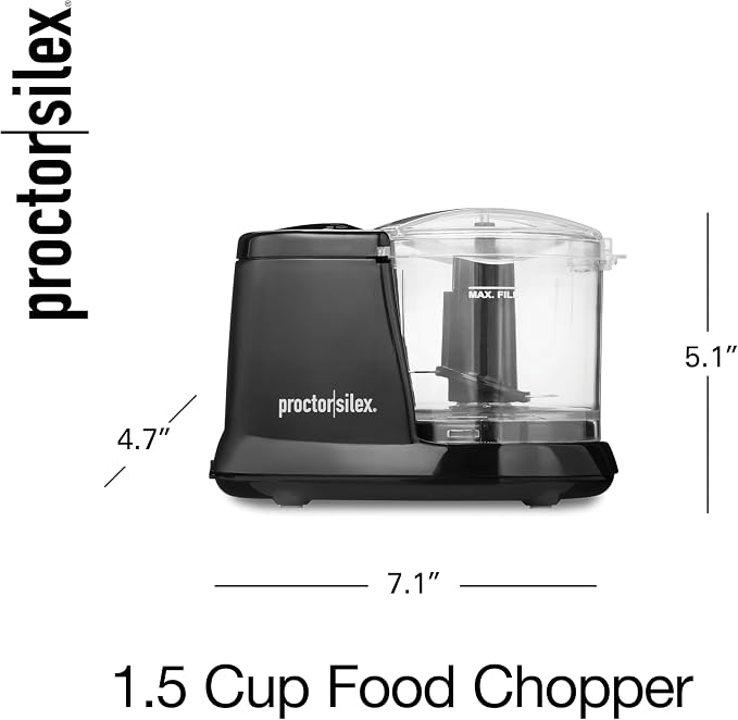 Proctor Silex Durable Electric Vegetable Chopper & Mini Food Processor | 1.5 Cup Bowl | Pulse Speed Control For Chopping, Puree & Emulsify | Stainless Steel Blades | Dishwasher Safe | Black | 72507J