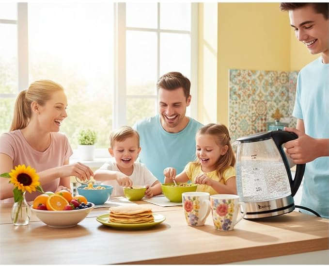 Electric Kettle 1.8l, BPA-Free Borosilicate Glass Stainless Steel Blue LED, 360° Base, Auto Shut-Off and Boil-Dry, Glass Carafe No Plastic Contact With Water, Wide Mouth for Easy Cleaning