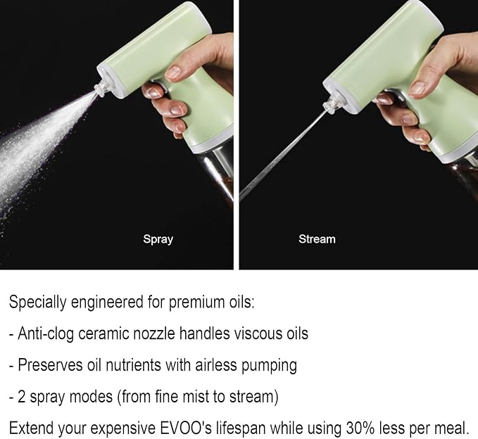 2-in-1 Electric Oil Sprayer Dispenser Automatic Olive Oil Misting Spray Stream Jet 9oz/260ml Glass Bottle for Cooking, Salad, Air Frying, Baking, BBQ, Built-in Rechargeable Battery (White)