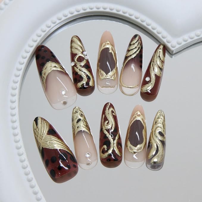 30Pcs Long Stiletto Press On Nails Gold Chrome Fake Nails with 3D Rhinestone Design Amber Gilding Nude Full Cover Acrylic Nails French Tip Glue On Nails Metal False Nails Luxury Manicure Set for Women