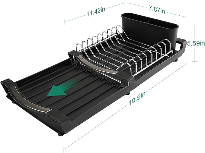 Compact Stainless Steel Dish Drying Rack | Rust-Resistant Drainer for Kitchen and Apartment Countertops/Sink Cabinets, Adjustable 11.42 to 19.9 Inches (Black)