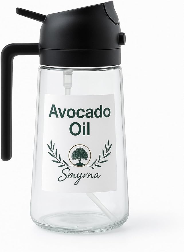Glass Olive Oil Sprayer 16oz/470ml – 2-in-1 Oil Dispenser & Spray Bottle for Cooking, Portion Control, Salad, Air Fryer, BBQ – Leak-Proof, Fine Mist Bottle with 6 Decorative Labels (Black)
