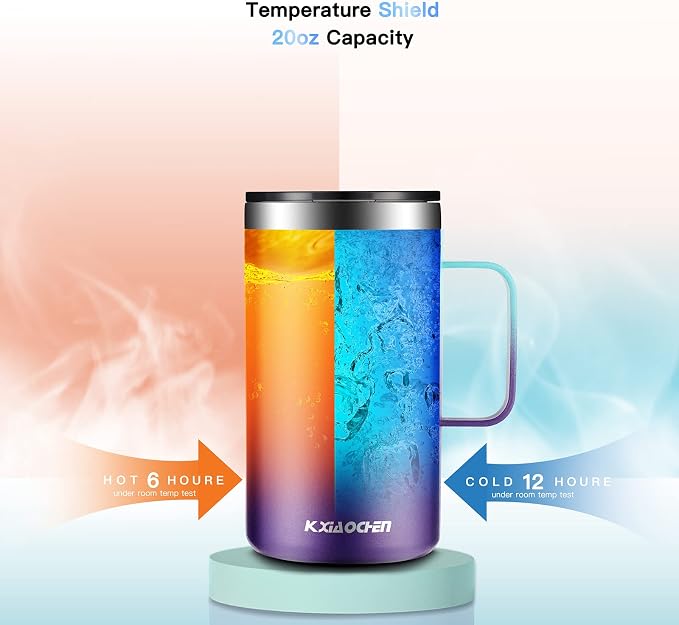 KXIAOCHEN 2-Pack 20 oz Insulated Coffee Mugs, Coffee Cups with Wide Handles | 18/8 stainless steel, sliding lids, 6+ hours hot or 12+ hours cold, wide mouth, no-sweat, for office, home, camping and gifts