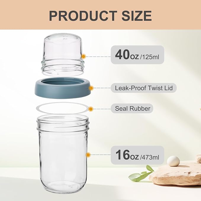 Wells 6 Pack Overnight Oats Containers with Lids, 16 OZ Dual Layer Yogurt Containers with Dry and Wet Separation, Airtight Leak Proof Oatmeal Jar for Chia Pudding, Breakfast, Cereal