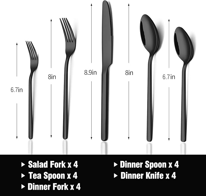 Black Silverware Set, 20-Piece Flatware Set for 4, 18/10 Stainless Steel Cutlery for Home Kitchen and Restaurant