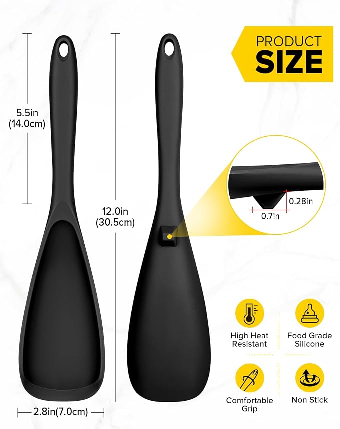Pack of 2 Cooking Spoons for Non Stick Cookware, Multifunction Spatula Spoon BPA-Free, One-Piece Design, Suitable for Scooping, Scraping, Serving and Mixing (BLACK-BLACK)