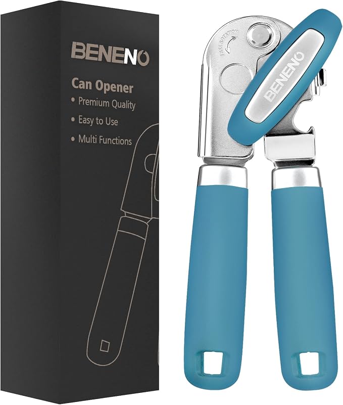 Beneno Heavy Duty Hand Can Opener Manual with Magnet Lid Remover, Aqua | Razor-Sharp Carbon Steel Blade, Precise Smooth Cutting Gear, Big Effort-Saving Knob, Soft Grip Handle, Built-in Bottle Opener