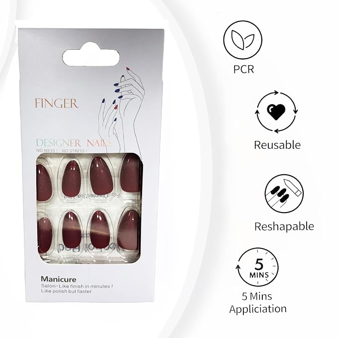 Press On Nails, Dark Red, Short Almond | Glossy French Tips, Matte,salon quality