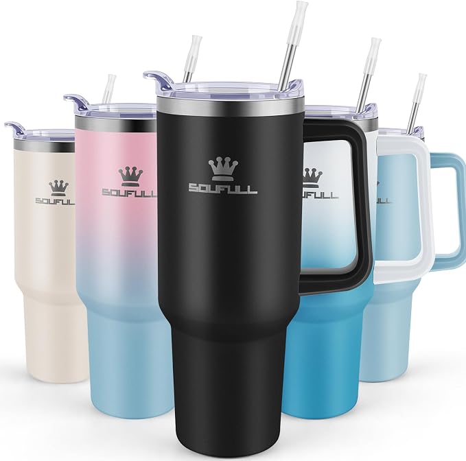 Soufull 40 oz Tumbler with Handle and Straw Lid, 100% Leak-proof, Black | Stainless Steel Insulated Travel Coffee Cup, Keeps Cold 34Hrs or Hot 10Hrs, Dishwasher Safe