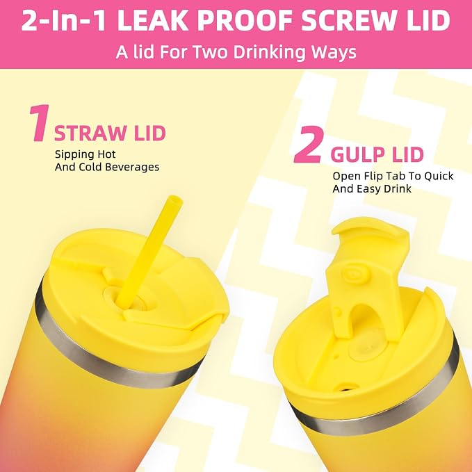 BJPKPK 22 oz Coffee Tumbler with Straw, Insulated Stainless Steel Cup | Double Wall Vacuum, Leak Proof Lid, Keeps Hot/Cold/Iced, BPA Free, Dishwasher Safe, Cupholder Fit, Travel, Pink Yellow Rose