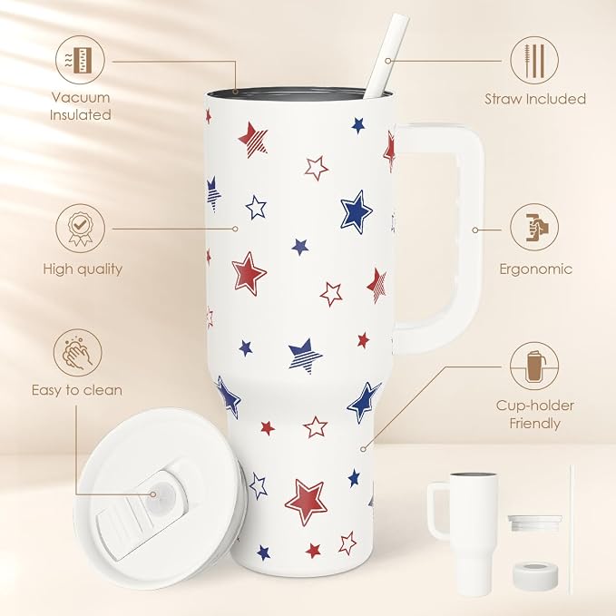 SANDJEST American Flag 40oz Tumbler with Handle and Straw, Insulated Stainless Steel Travel Coffee Mug for Women Girls, Gift Idea for Birthday Christmas 4th of July (Star)
