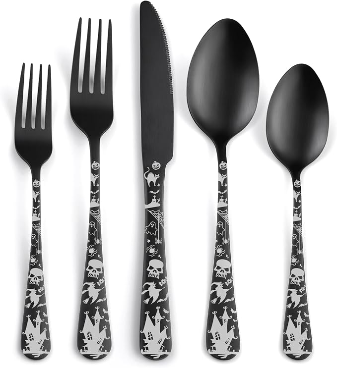 Skull Silverware Set SANLUNS 40 Piece Matte Black Unique Flatware Set for 8,Stainless Steel Fine Dining Utensils Spoons,Forks,Knife Pattern Tableware Durable Cutlery Halloween Home Kitchen,Dishwasher