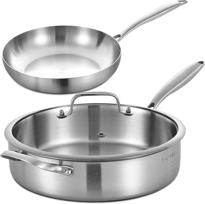 Inqibee 10" Skillet & 6 QT Saute Pan with Lid, Tri-ply Stainless Steel Set | Deep Frying Pan Cookware, Detachable Handle, PFOA & PFOS Free, Jumbo Cooker, Induction Cooking Pan, Dishwasher & Oven Safe