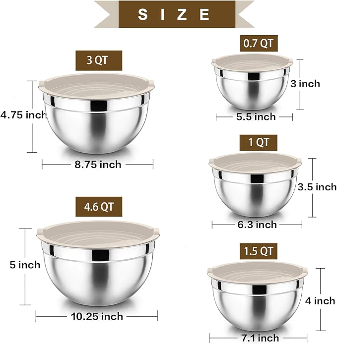 P&P CHEF Metal Mixing Bowls with Lids Set, Airtight Lids & Khaki | 5 PCS Stainless Steel Mixing Nesting Bowls for Kitchen Prepping, Storing, Healthy & Easy Clean, Size 4.6, 3, 1.5, 1, 0.7 QT