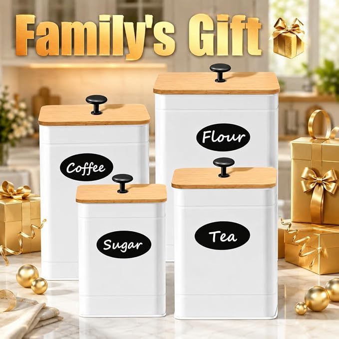 Kitchen Canister Set of 4, White Airtight Metal Flour Sugar Containers | Flat Bamboo Lids, Reusable Labels & Marker, Wide Openings, Coffee Tea Containers, Kitchen Countertop and Pantry Organized