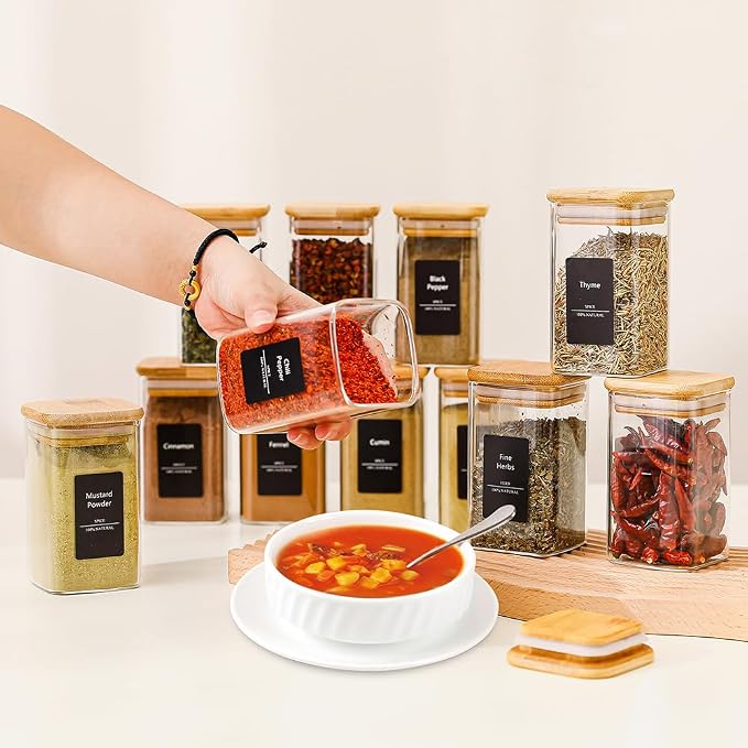 9 Oz Spice Jars with 275 Labels 16 Pack | Kitchen Airtight Seasoning Empty Organizer with Bamboo Lids