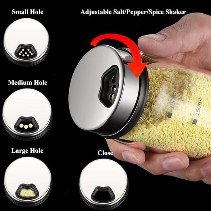 Verdental 7 oz Salt Pepper Shakers with 3 Adjustable Outlet Holes | Glass Spices Jar, Sugar Seasoning Cans for Kitchen, Restaurant, Baking, Dessert and Coffee Shops, BBQ Camping