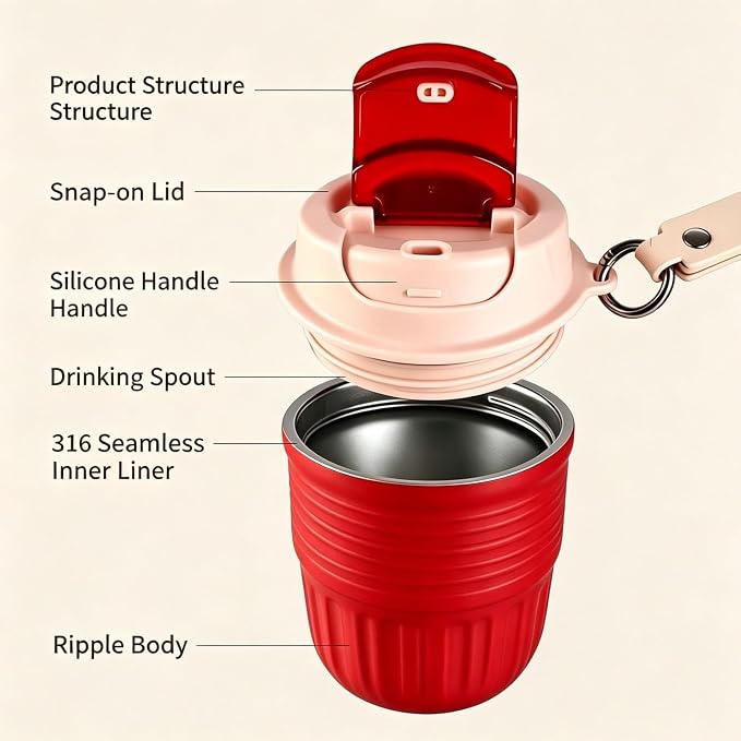 Coffee Vacuum Flask, Portable Coffee Cup with Lid & Handle, Lightweight Insulated Coffee Vacuum Flask, Travel Coffee Mug for Hot And Cold Drinks (Red, Temperature Display)
