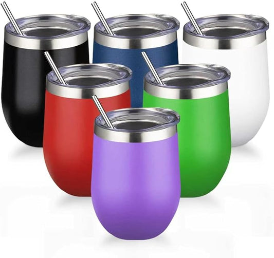 12oz/6 Pack Stainless Steel Wine Tumbler with Lid and Straw, Double Wall Vacuum Insulated Wine Tumbler Glasses, Stemless Travel Mugs for Hot and Cold Drinks, Coffee, Wine, Cocktails （Mix Color-2）