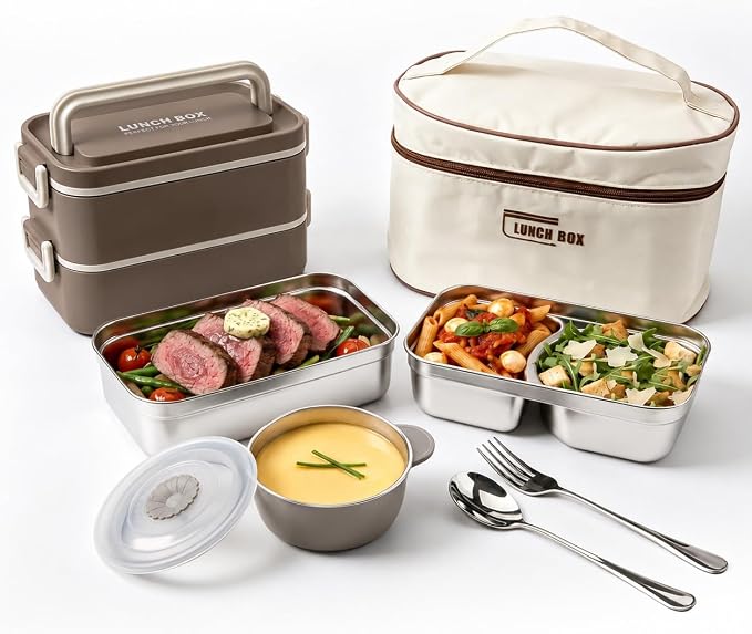 Kabbas 18/8 Stainless Steel Bento Box for Kids & Women – 66 Oz Leakproof Lunch Containers for Adults, 2Layers Stackable Metal Lunch Box with Cutlery & Insulated Bag – Ideal for Work, School, Picnic