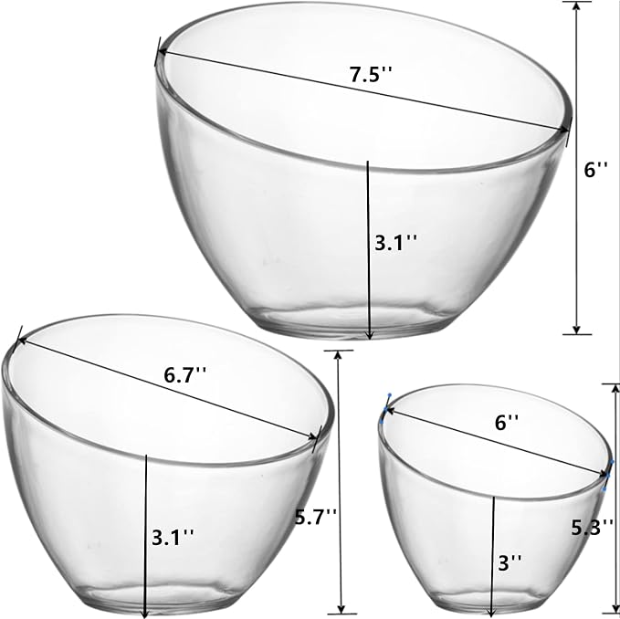 Lyellfe 3 Pack Plastic Salad Bowls, Thick Acrylic | Angled Serving Bowl, Clear Candy Snack Bowls for Parties, Chips, Fruit, Prep, Assorted Sizes