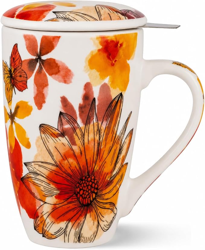 GBhome Tea Mug with Infuser and Lid,18 Ounce Ceramic Loose Leaf Cup Steeper | Lead-Free Glaze For Tea Lovers,Microwave & Dishwasher Safe with Tea Strainer