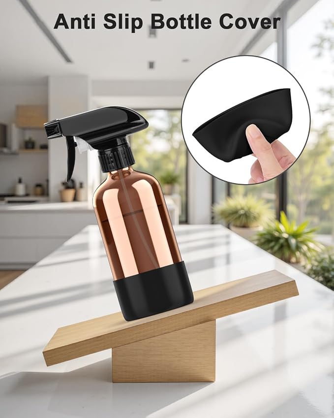Bontip Amber Glass Spray Bottle, 8 oz with Black Silicone Sleeve, 1 Pack | Refillable amber glass bottle, With protective silicone sleeve, BPA-free, UV shielding, Great for cleaning solutions,plants