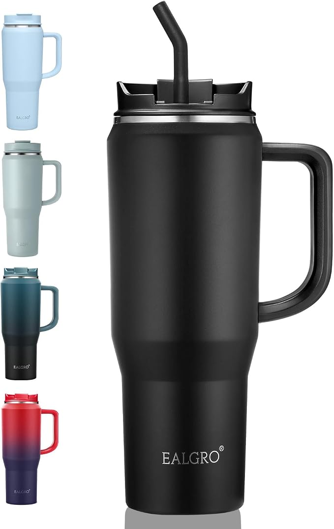EALGRO 40 oz Tumbler with Handle, Insulated Tumblers with Lid and Straw | Leakproof Large Metal Sports Water Bottle Jug, Stainless Steel Travel Coffee Mug, Double Wall Vacuum Thermal Cup, Black