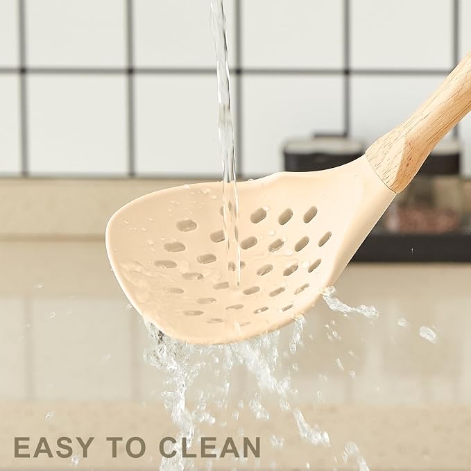 Kitchen Utensils Set - 34 PCS Non-Stick Silicone Cooking Utensils Set Spatula Set with Holder, Wooden Handle Spoon,Brush,Whisk Kitchen Gadgets Tools Set for Nonstick Cookware (Khaki-34P)