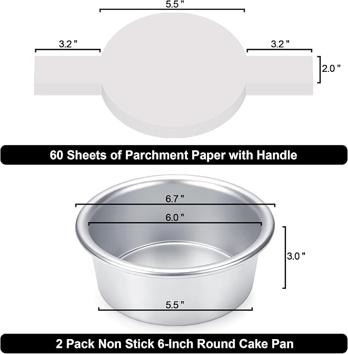6 Inch Cake Pans, 2PCS Nonstick Small Cake Pans With 60PCS Parchment Paper | Aluminum Pans for Birthday Smash Layer Cakes, Round Cake Pans for Home Kitchen, Leak proof &6 X 3 Inch, Heavy Duty &Oven Safe