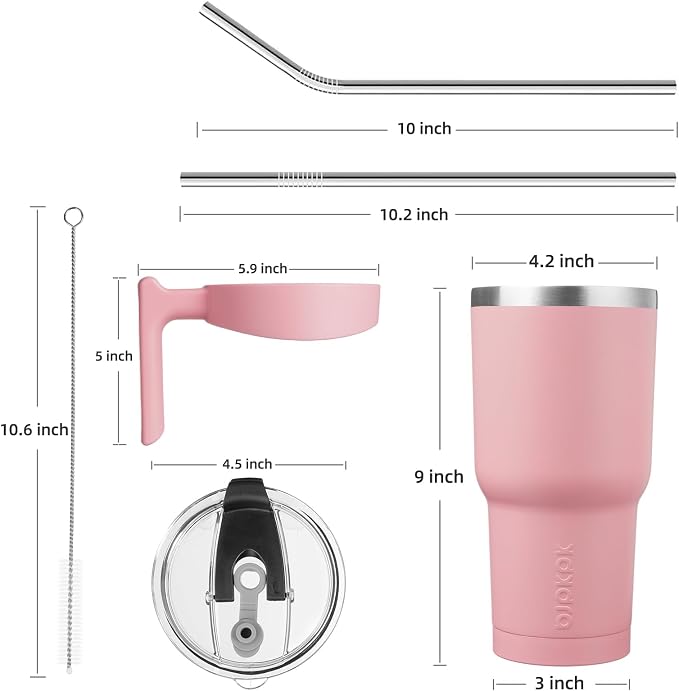 BJPKPK 40 oz Tumbler with Handle & Straw, Insulated Stainless Steel Mug | Double Wall Vacuum, Keeps Hot/Cold, Thermal Cup, BPA Free, Dishwasher Safe, Cupholder Fit, Coffee & Travel, Light Pink