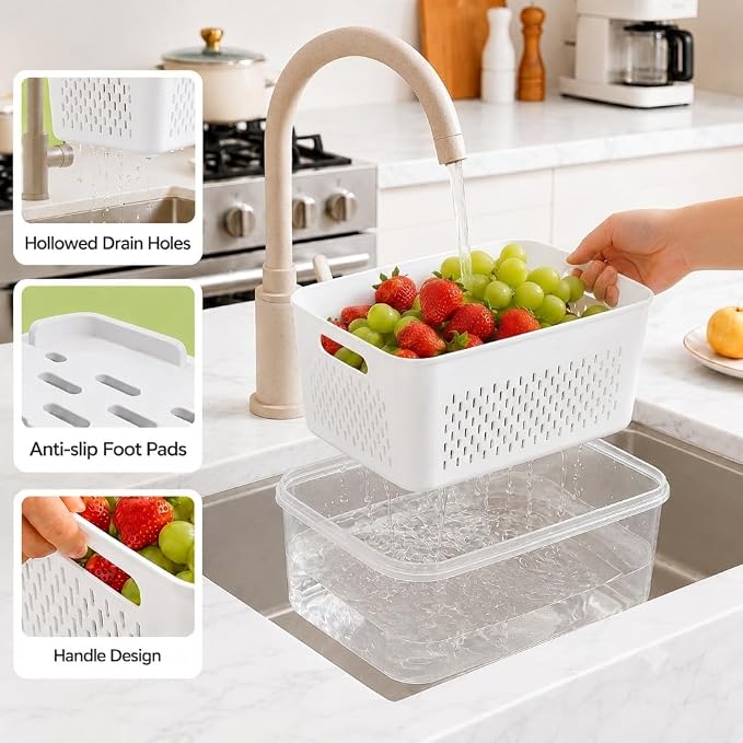 Fruit Storage Containers for Fridge with Lids, Fridge Organizers and Storage Produce Saver Box with Removable Drain Basket for Fruit Berry Salad Vegetable Meat, 380ml to 3150ml (4 Pack)